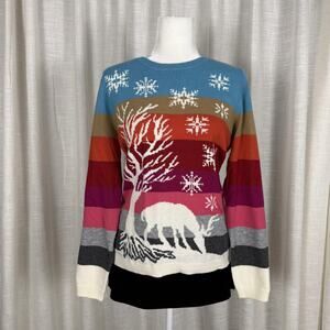 Talbots Sweater Womens Large Multicolor Deer Snowflake Stripe Wool Blend Holiday